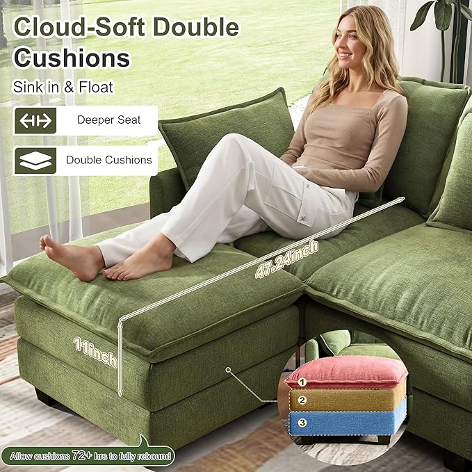 107" Cloud Couch Sectional, U Shaped Modular Sectional Sofa, 4-Seat Deep Seat Couch with 6 Removable Washable Pillows and 2 Ottoman for Living Room, Bedroom, Apartment, Green