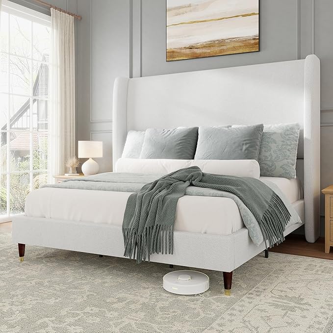 Jocisland Queen Size Bed Frame 51.2" Wingback Headboard Linen Upholstered Platform Bed,Solid Wood Legs & Wooden Slats,No Box Spring Needed,Noise-Free,for Family Guest Room Cozy Home,White