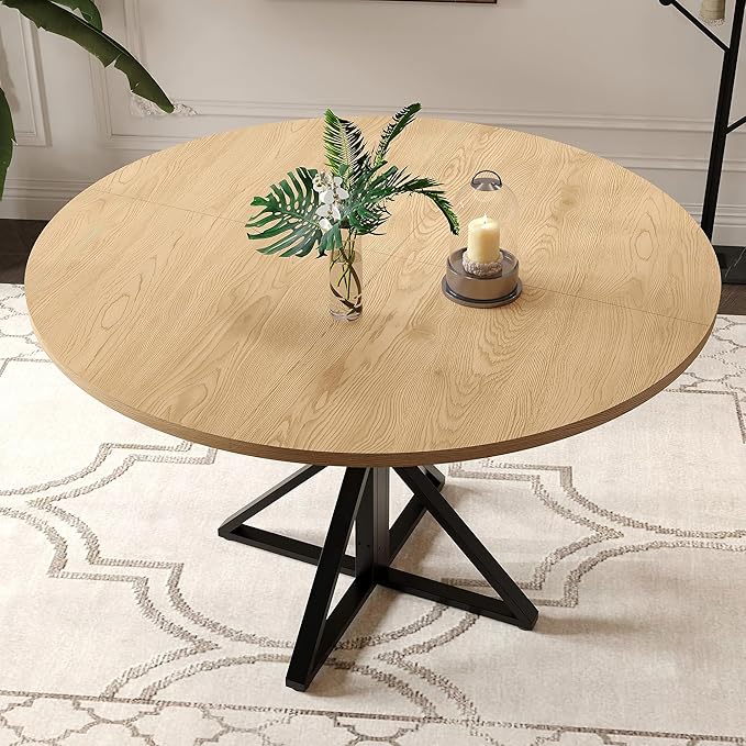 GarveeHome 47 Inch Round Dining Table for 4-6, Circle Kitchen Table with Pedestal Base, Farmhouse Wooden Dining Table for Small Spaces, Kitchen & Dining Room, Living Room-Oak/Only Table