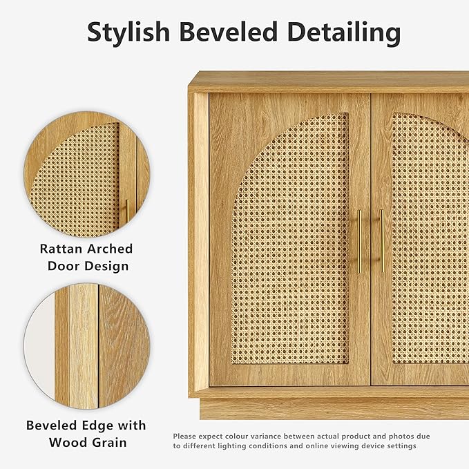 FORTUNETEC 63" Sideboard Buffet Cabinet with Storage, Modern Accent Cabinet with Rattan Arched Doors, Modular Media Console, Boho Credenza for Living Room Kitchen Dining Room Entryway, Oak