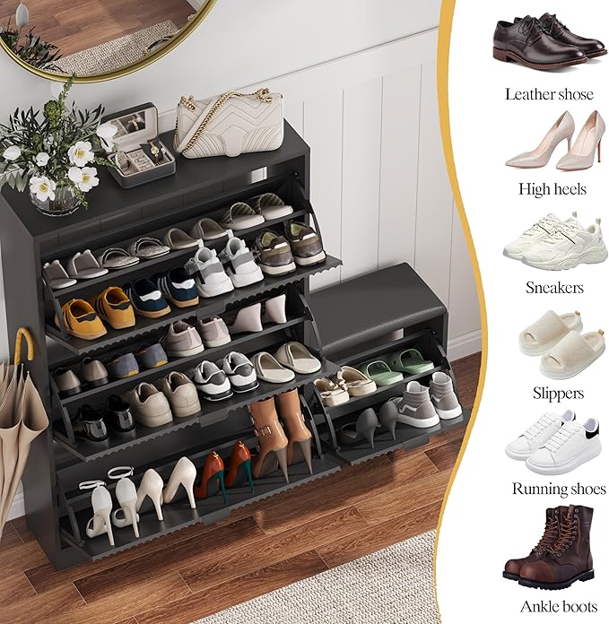 HUANLEGO Shoe Cabinet Storage for Entryway with 4 Flip Drawers, Black Fluted Shoe Cabinet with Bench, Wooden Hidden Shoe Rack Freestanding Narrow Slim Shoes Storage Organizer for Hallway, Entrance