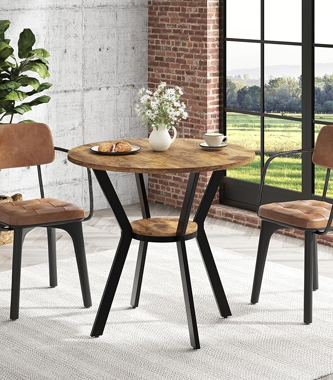 MECHYIN Round Kitchen Table for 2-4, Small Round Dining Table with Storage, Rustic Wood Circle Table with Metal Legs, Compact Dining Room Table for Kitchen, Cafe, Apartment and Small Space