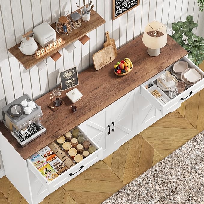 BOTLOG 71” Large Sideboard Buffet Cabinet with Storage, Farmhouse Kitchen Buffet Cabinet with Adjustable Shelves and 6 Barn Doors, Wood Coffee Wine Bar Console Table for Kitchen, Dining Room, White