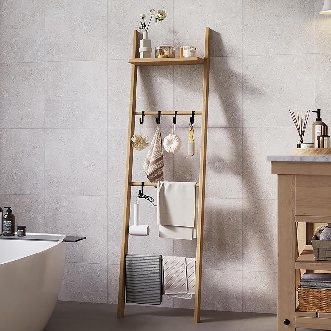 63" Bamboo Blanket Ladder with Shelf and 5 Hooks, 4 Tier Leaning Blanket Rack, Farmhouse Towel Ladder Rack, Decorative Quilt Rack Holder for Living Room Bedroom Bathroom, Natural Wood