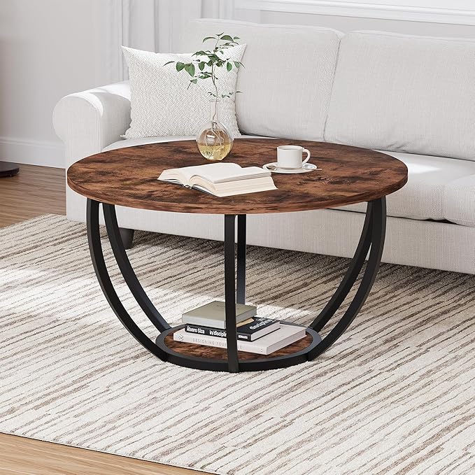 HOMERECOMMEND 28" Round Coffee Table with Storage,2-Tier Wood Accent Center Table for Living Room,Sofa Table for Home Office, Brown