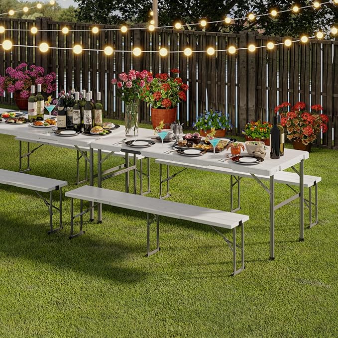 Folding Table with 2 Benches Set, 6FT Picnic Table with 2 Chairs, 3pcs Plastic Camping Tables and Foldable Bench Sets Indoor & Outdoor for Party, Camping, Picnic, Wedding, BBQ, White