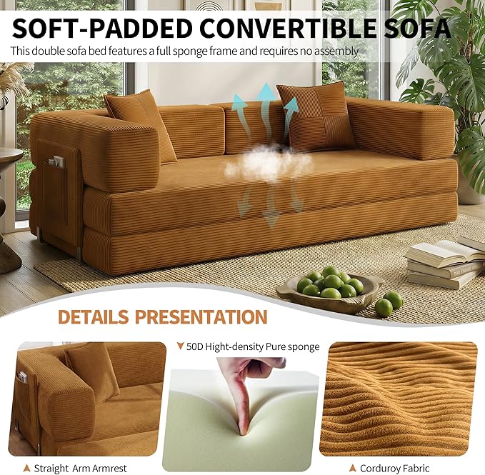 78.8" Convertible Sofa Bed with Armrest Pillow, 4-in-1 Sleeper Couch Bed for Livingroom, Modular Corduroy Boneless couches, No Assembly (Yellow)