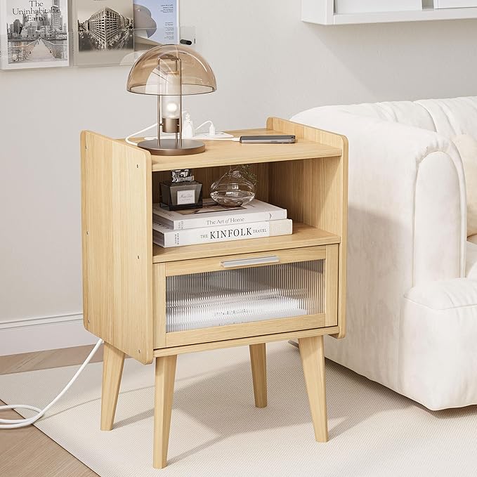 MMEOLUOOK Nightstand with Charging Station, Bedside Tables with Glass Decorative Door, Natural End Table, Side Table with 2 Tiers Storage Space for Bedroom Living Room CAMLBZ07YE