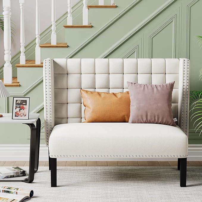 Andeworld Modern Loveseat Settee Bench Sofa Couch, Upholstered Banquette Dining Bench with Back for Dining Living Room Hallway or Entryway Seating,White