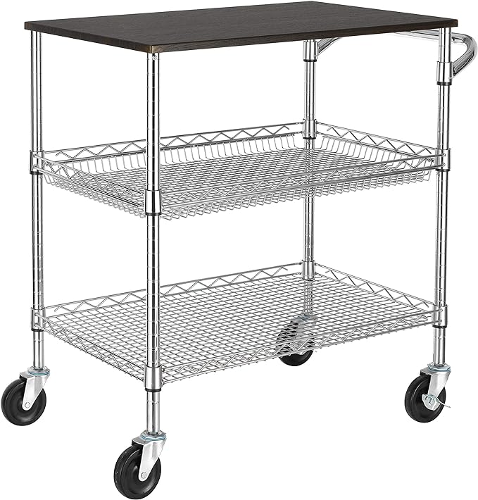 Finnhomy 3 Tier Heavy Duty Commercial Grade Utility Cart with Wood Top, Wire Rolling Cart with Handle Bar, Steel Service Cart with Wheels, Utility Shelf Food Storage Trolley, NSF Listed