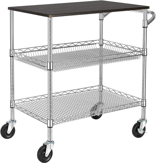 Finnhomy 3 Tier Heavy Duty Commercial Grade Utility Cart with Wood Top, Wire Rolling Cart with Handle Bar, Steel Service Cart with Wheels, Utility Shelf Food Storage Trolley, NSF Listed