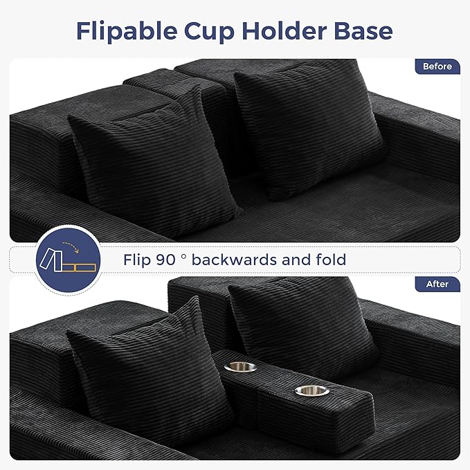 MAXYOYO Loveseat Sofa Bed, 64" Foldable Floor Sofa Couch in A Box with 2 Cup Holders, 4 in 1 Convertible Boneless Couch Folding Recliner Sleeper Chair for Living Room, No Assembly Required, Black