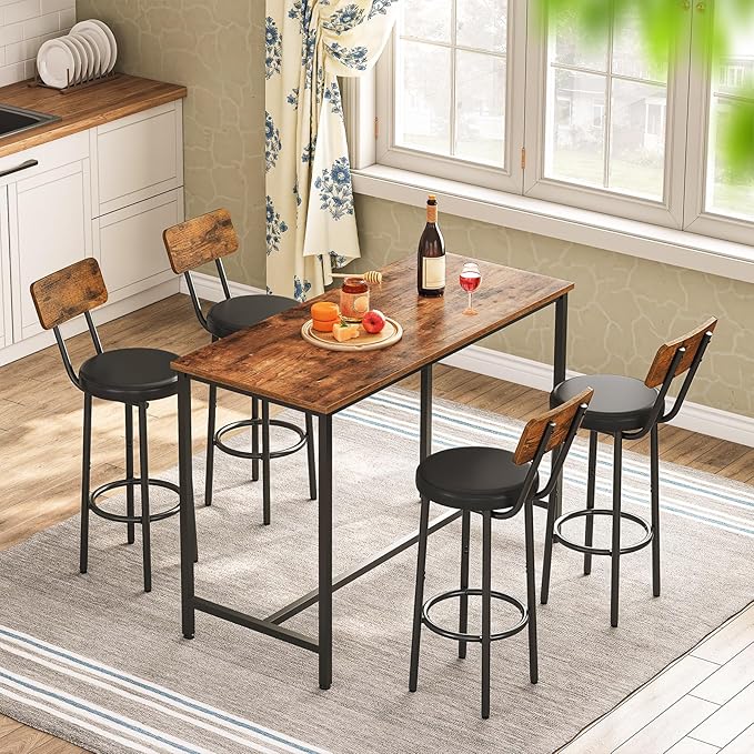 HOOBRO Bar Stools, Bar Stools Set of 2 with PU Upholstered, Bar Chairs with Footrest and Back, 26" Bar Stools for Kitchen Island, Dining Room, Easy to Assemble, Rustic Brown and Black BF31BY01G2