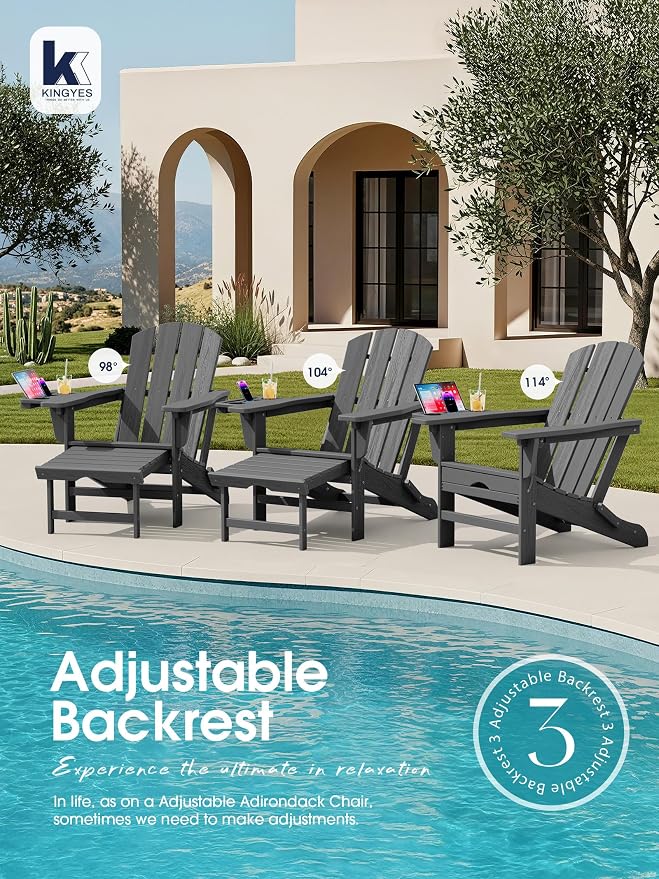 KINGYES Folding Adjustable Adirondack Chair with Ottoman & 2 Cup Holders Set of 2, HDPE Adirondack Recliner Chair with Footrest, Grey