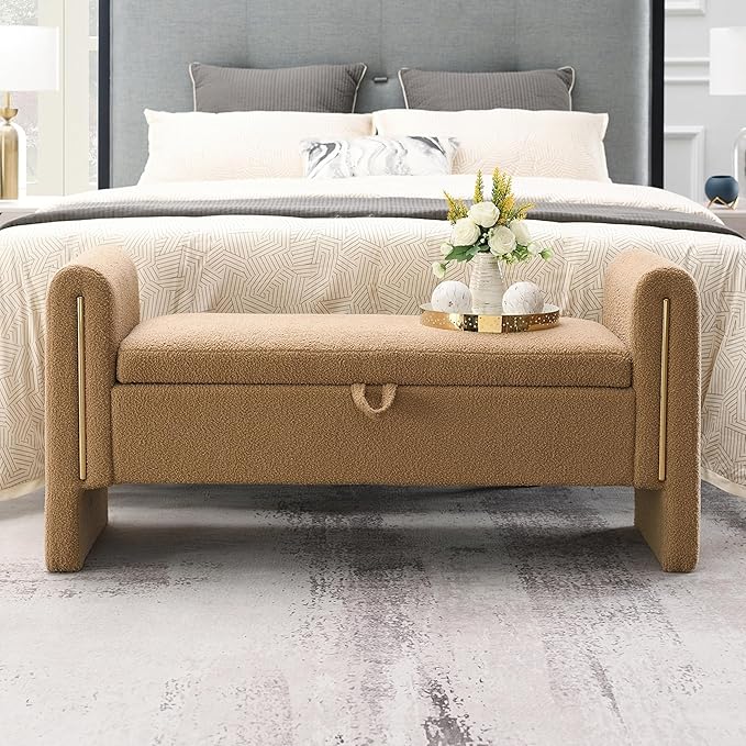 Christopher Knight Home Upholstered Storage Ottoman, Teddy Fabric Bench with Solid Wood Legs, Comfortable Foot Rest Stool, Storage Bench for Bedroom End of Bed, Living Room, Dining Room, Khaki