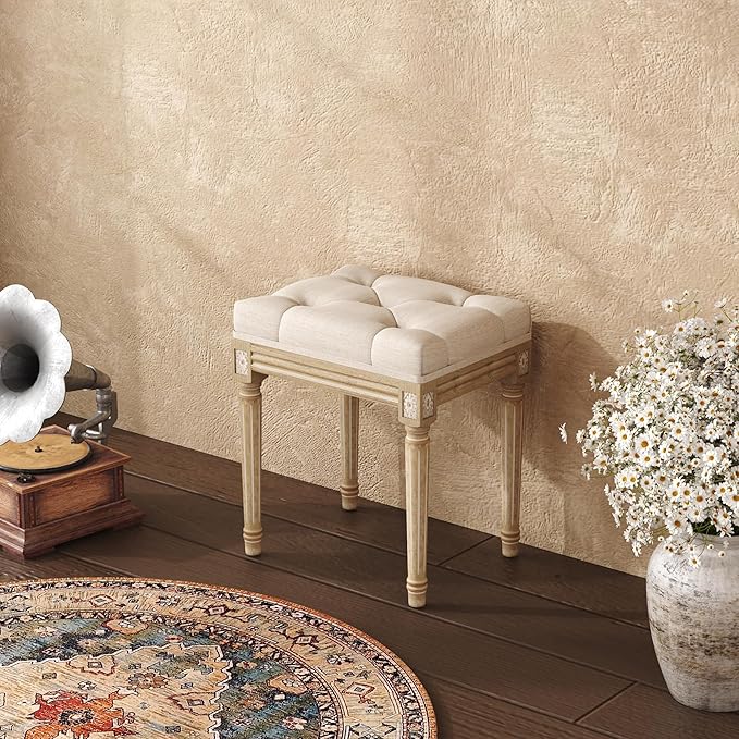 Yusong Vanity Stool Upholstered Bench Seat for Makeup Room, Vintage Small Bedroom Bench Dining Bench with Tufted Fabric for Living Room, Piano Stool with Rustic Wood, Easy Assemble,Beige