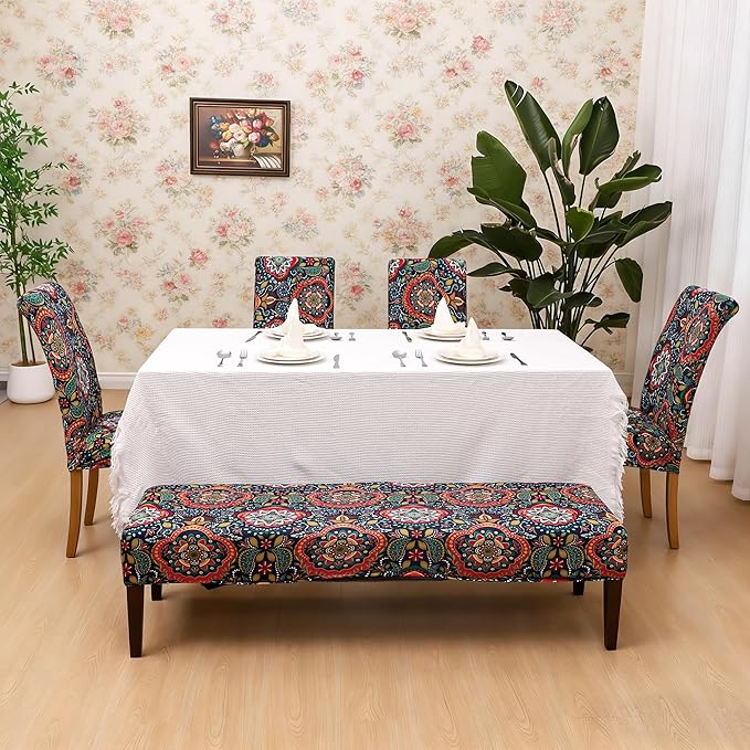 FORCHEER Boho Dining Room Chair Covers Set of 4 with 1 PC Bench Cover Stretchy Slipcovers for 4 Dining Parson Chairs and Bench Removable Washable（Printed Boho-MT）