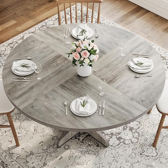 IDEALHOUSE Round Dining Table for 4, 47 Inches Dining Room Table with Wooden Base, Circle Kitchen Dinner Table for Dining Room, Kitchen, Living Room (Table Only), Grey