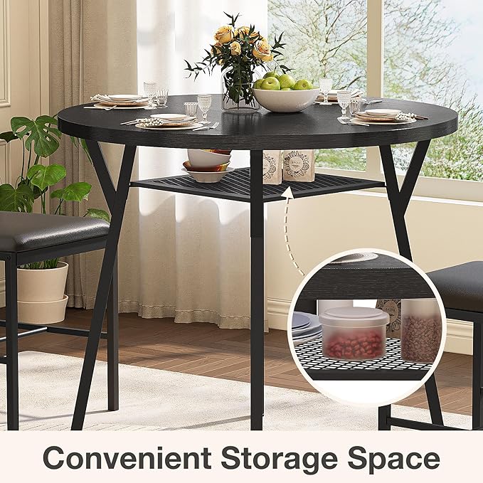 Pamapic Round Dining Table Set for 4, Kitchen Table and Chairs for 4, Dining Room Circle Dinner Pedestal Table, Solid Metal Frame, Space Saving Wood Small Kitchen & Dining Room Furniture, Black