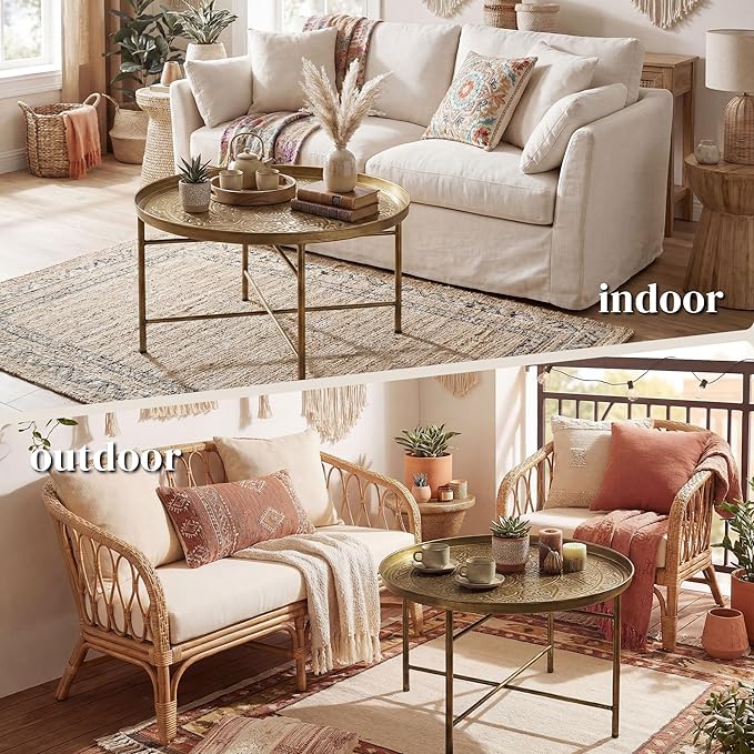 HOMCOM 24" Round Coffee Table with Hammered Tray Top, Vintage Metal Center Table for Living Room, Bedroom, Side Table, Gold