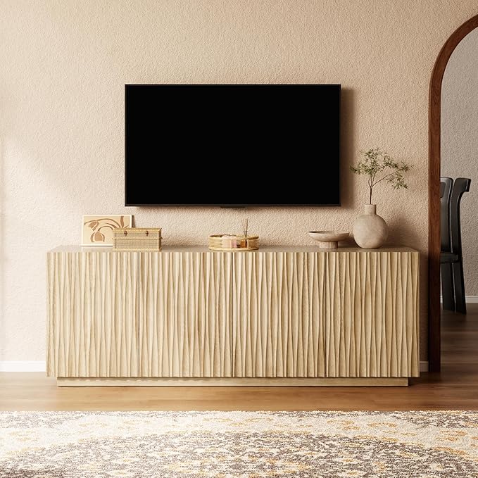 70" Fluted TV Stand for TVs Up to 50/55/65/75", Mid-Century Modern Entertainment Center for Living Room, Tall Sideboard & Storage Cabinet Wavy Media & TV Console, 8 Cable Holes&Soft-Close, Natural Oak