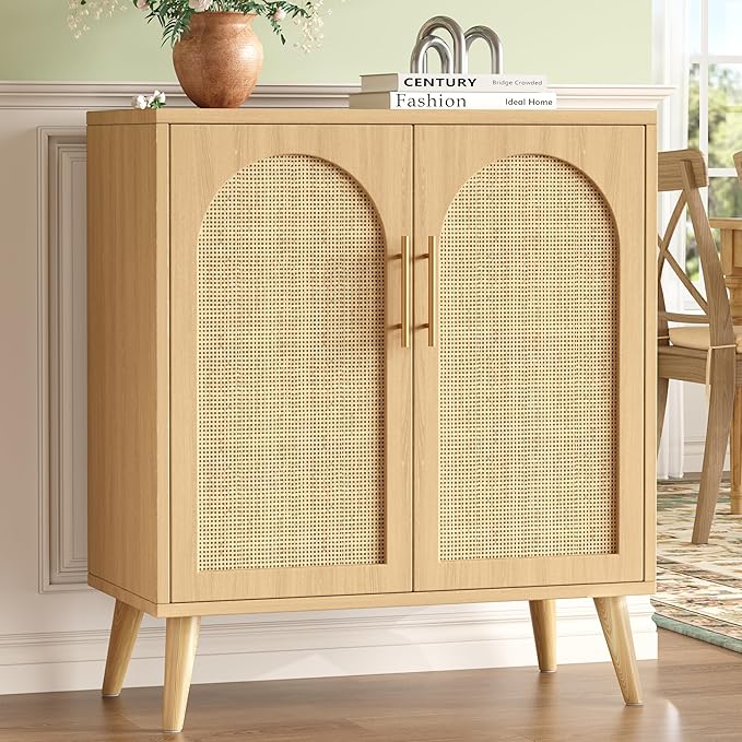 15.7"D Rattan Buffet Sideboard Cabinet with Storage, Modern Accent Cabinet with Adjustable Shelf & Solid Wood Legs, Coffee Bar Cabinet with Doors for Kitchen, Living Room, Entryway, Natural Oak