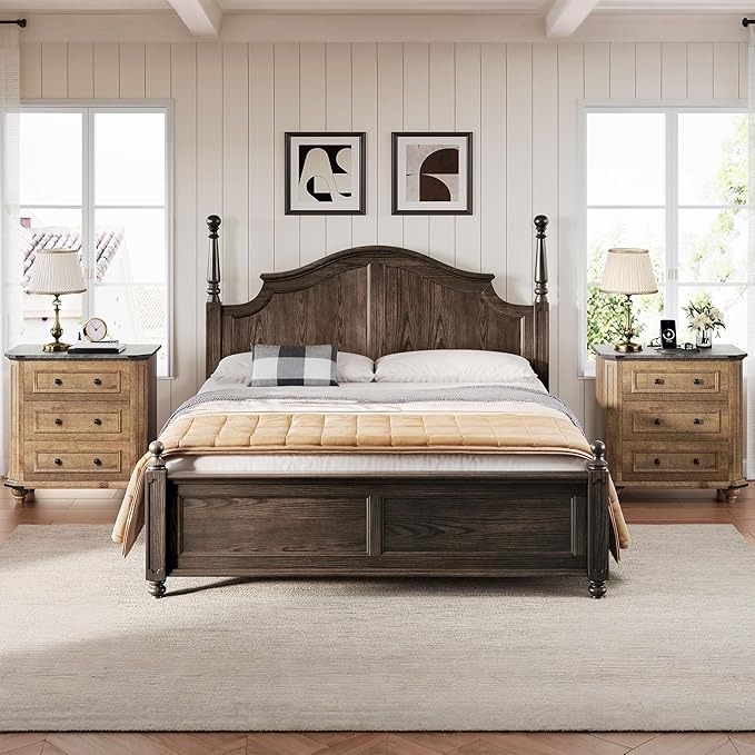 DWVO 29" Wide Nightstand with Charging Station, Farmhouse Bedside Table with 3 Drawers, Wood Night Stand w/Storage, Rustic Bed Side End Table for Bedroom Dorm Small Space, Brown