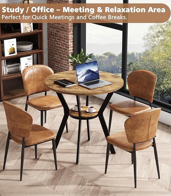 MECHYIN Round Kitchen Table for 2-4, Small Round Dining Table with Storage, Rustic Wood Circle Table with Metal Legs, Compact Dining Room Table for Kitchen, Cafe, Apartment and Small Space