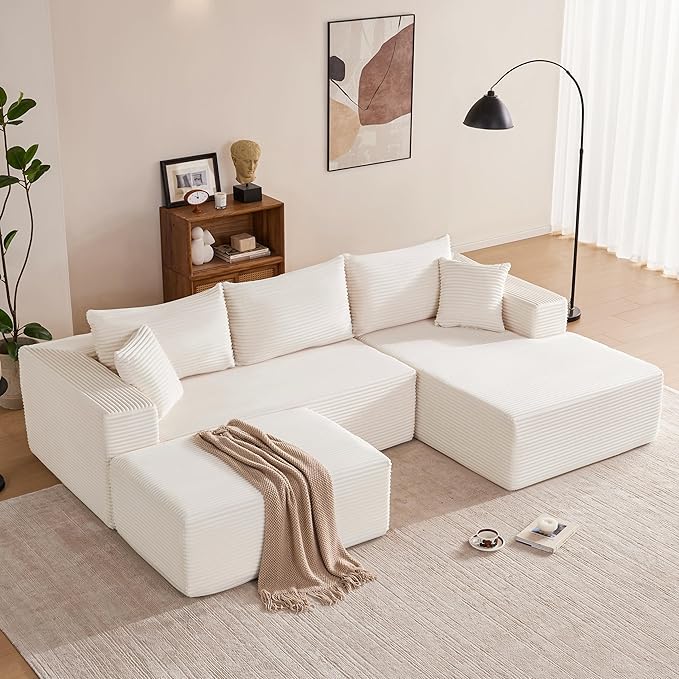 Mangodan 110” Cloud Sectional Couch, Boneless Sofa for Living Room, Modular Sectional Sofa with Deep Seat, Comfy Fluffy U-Shaped Couch with Right-Facing Chaise, No Assembly Required, Beige