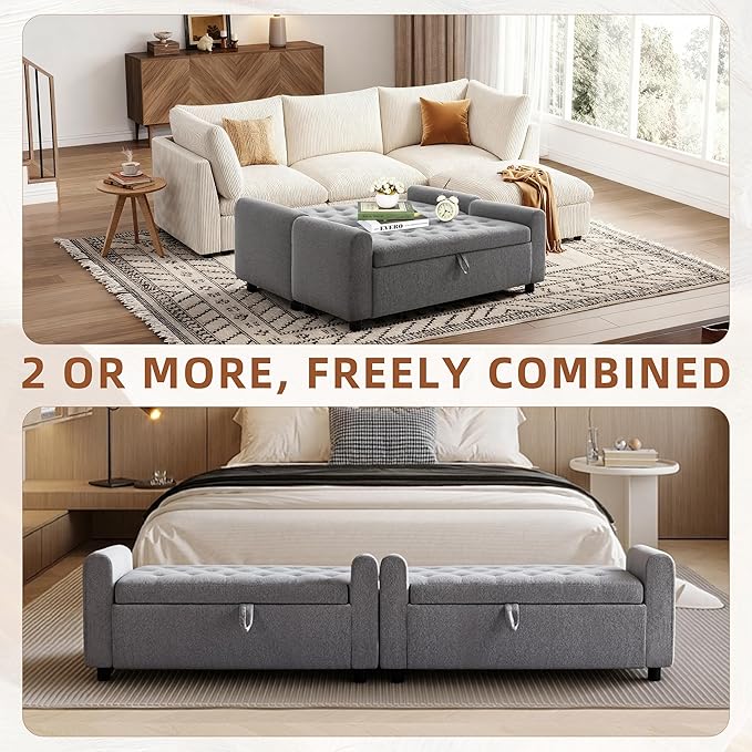 48" Ottoman with Storage, Tufted Storage Ottoman Bench, Convenient Living Room Fabrics Bench Seat, Entryway Shoe Benches with Inner Zipper & Arm, Rivetless Upholstered Window Seat Ottomans, Dark Grey