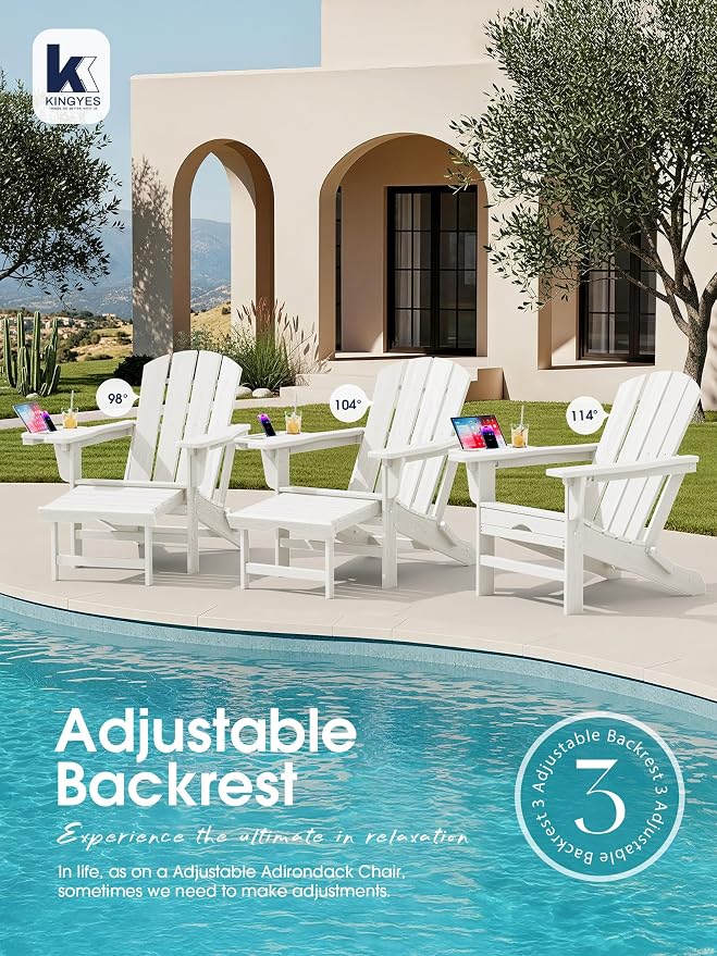 KINGYES Adjustable Folding Adirondack Chair with Footrest & 4-in-1 Multi-Functional Armrest Organizer Set of 4, HDPE Foldable Recliner Adirondack Chair with Pull-Out Ottoman, White