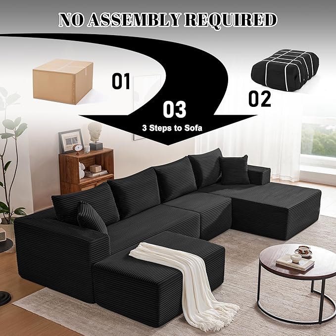 Mangodan 140” Cloud Sectional Couch, Boneless Sofa for Living Room, Modular Sectional Sofa with Deep Seat, Comfy Fluffy U-Shaped Couch with Right-Facing Chaise, No Assembly Required, Black
