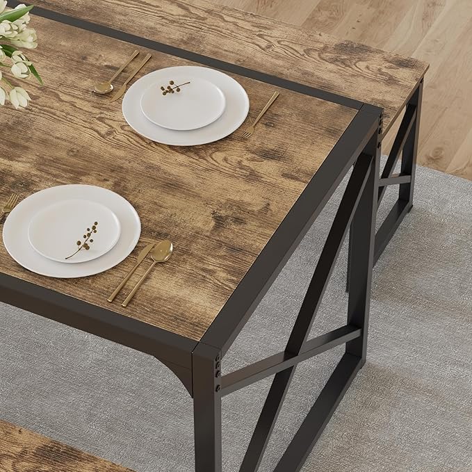 VECELO 55” Kitchen Dining Table Set for 4, Heavy-Duty Steel Frame & Wood-Grain Tabletop, Space-Saving Dinette Sets with 2 Benches for Breakfast Nook and Small Space, Grey