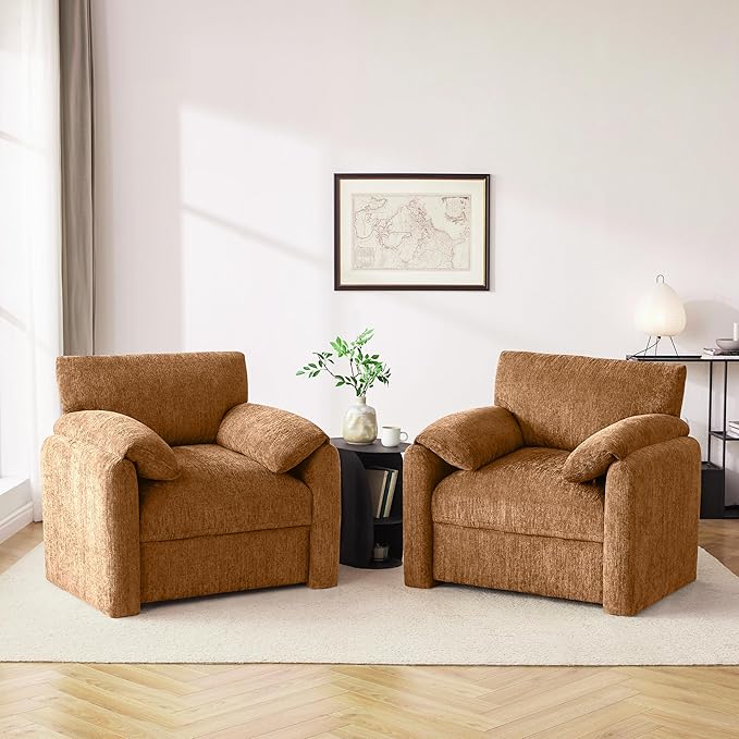 Howjoe Chenille Oversized Armchair, 38.6'" Wide Accent Chairs for Living Room & Bedroom Modern Lounge Chair, Upholstered Mid-Century Reading Chair (Rustic Bronzing Cloth, 2 Pack)