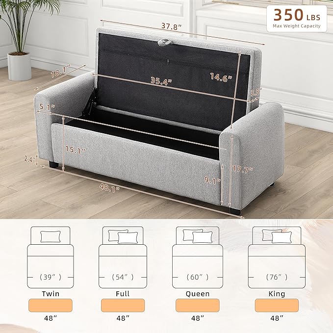 48" Ottoman with Storage, Tufted Storage Ottoman Bench, Convenient Living Room Fabrics Bench Seat, Entryway Shoe Benches with Inner Zipper & Arm, Rivetless Upholstered Window Seat Ottomans, Light Grey