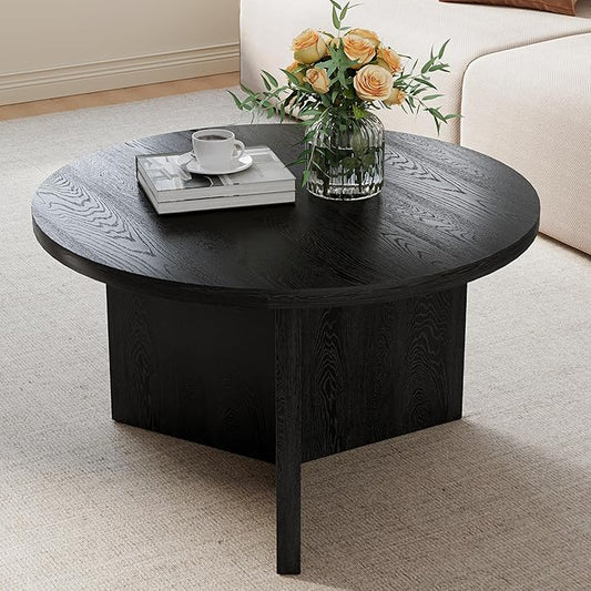 Luoxiao 27.5" Round Black Coffee Table, Modern Wood Grain Center Table with Triangle Pedestal Base, Low Profile Circular Accent Table for Living Room, Small Spaces & Apartments, Easy Assembly