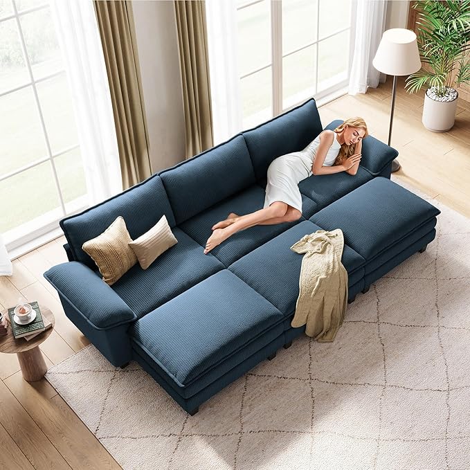 LINSY HOME 123" Modular Sectional Sofa, 3-Seat Corduroy Modern Cloud Couch with Deep Seat & 3 Movable Ottoman, Perfect for Living Room, Office, Bedroom, Blue