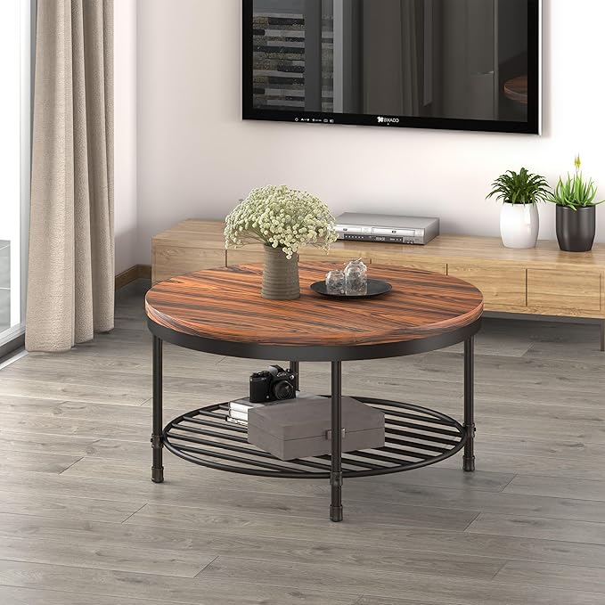 NSdirect 36" Round Coffee Table with Storage Shelf, Dark Grey Brown Vintage Wood Top & Metal Legs - 18.5" Height End Table for Small Spaces (Dark Red Brown)
