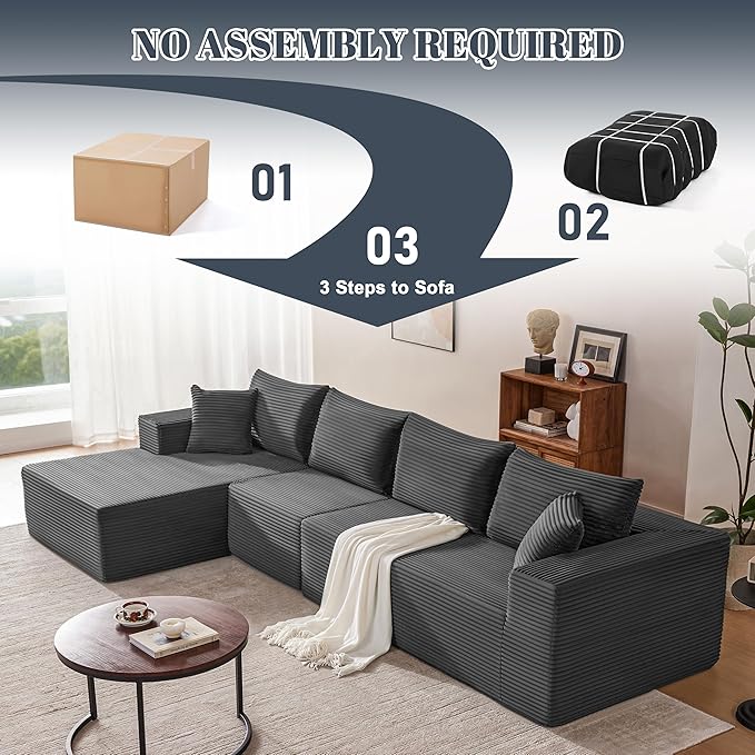 Mangodan 140” Cloud Sectional Couch, Modular Sectional Sofa with Deep Seat, Boneless Sofa for Living Room, Fluffy Comfy L-Shaped Couch with Left Facing Chaise, No Assembly Required, Grey