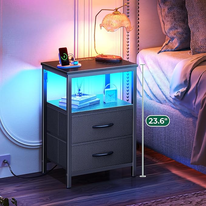 Huuger Night Stand with Charger Station and LED Lights, 2 Drawer Nightstand, Bed Side Table with Open Shelf, End Table, Fabric Drawers for Bedroom, Black