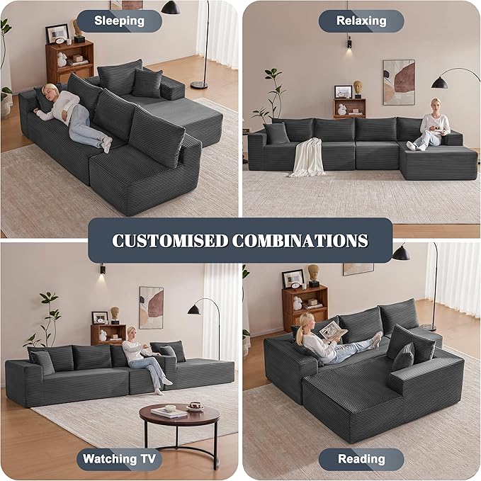 Mangodan 140” Cloud Sectional Couch, Boneless Sofa for Living Room, Modular Sectional Sofa with Deep Seat, Comfy Fluffy L-Shaped Couch with Right-Facing Chaise, No Assembly Required, Grey