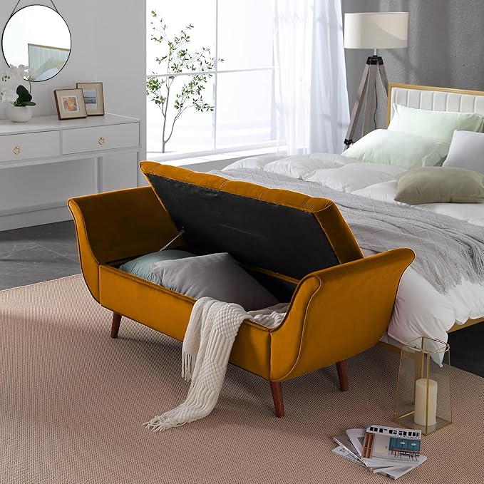 Storage Bench for Bedroom End of Bed, Velvet Upholstered Rolled Armed Button Tufted Sofa Stool Bench, Storage Ottoman Couch Long Bench with Solid Wood Legs (Brown)