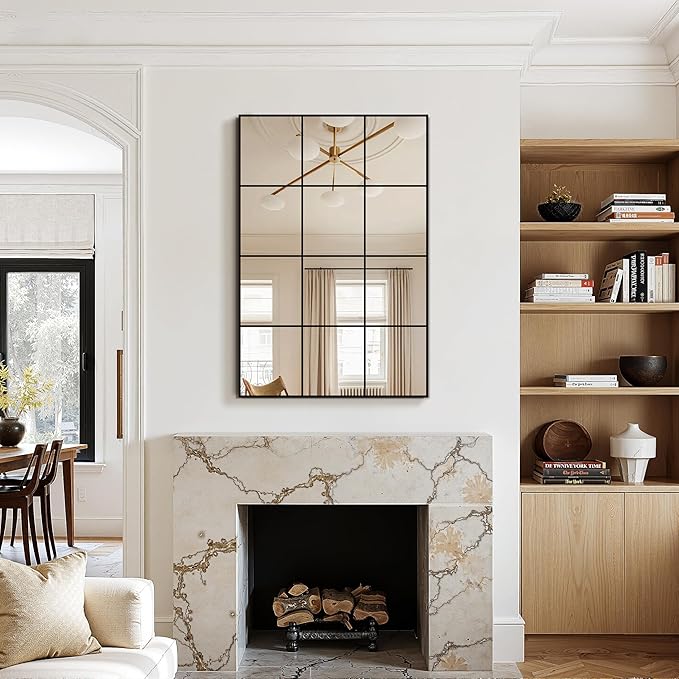 Window Mirrors for Wall Decor, Wall Mirrors Decorative Window Pane 24 x 36, Rectangular Metal Framed Wall Mounted Mirrors for Bedroom, Living Room, Dining Room, Entryway, Bathroom, Fireplace