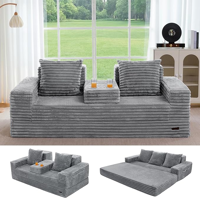 MAXYOYO Loveseat Sofa Bed, Striped Faux Fur Foldable Floor Sofa Couch in A Box, 4 in 1 Convertible Boneless Couch with 2 Cup Holders, Folding Recliner Sleeper Chair, No Assembly Required, Grey