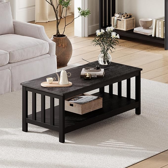 ChooChoo Mission Coffee Table, Black Wood Living Room Table with Shelf, 47 inch