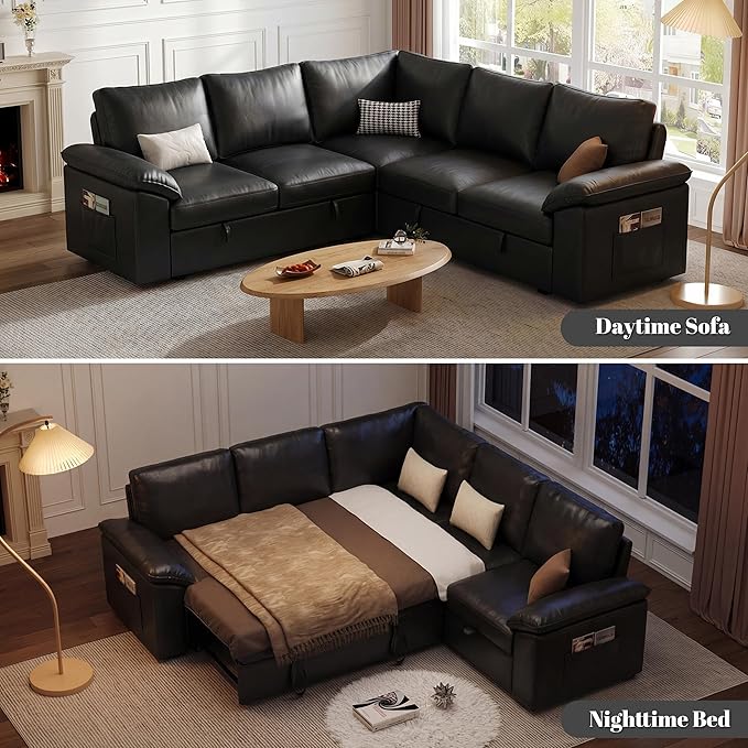 85 Inch Faux Leather Modular Sectional Sofa with Pull Out Bed, L Shaped 5 Seat Sectional Sleeper Sofa with Storage, Sectional Couches for Living Room, Cloud Modular Couch,Black Leather