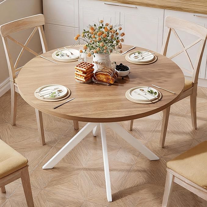 ChooChoo 47.2 Inch Round Dining Table for 4, Farmhouse Wood Kitchen Table, Circle Dinner Table for Kitchen & Dining Room, Walnut&White