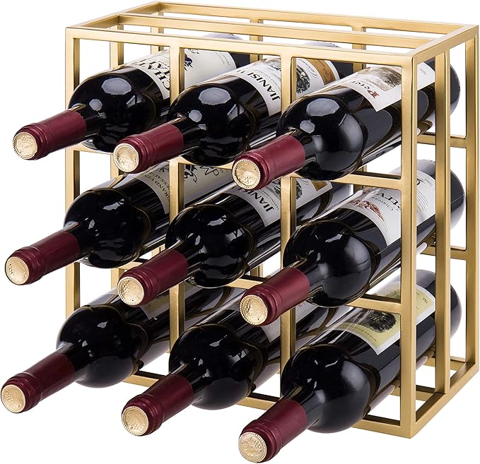 MyGif Gold Wine Rack for 9 Bottles, Modern Tabletop Freestanding Wine Holder, Horizontal Storage for Kitchen, Bar & Dining Room, Rustic Industrial Decor