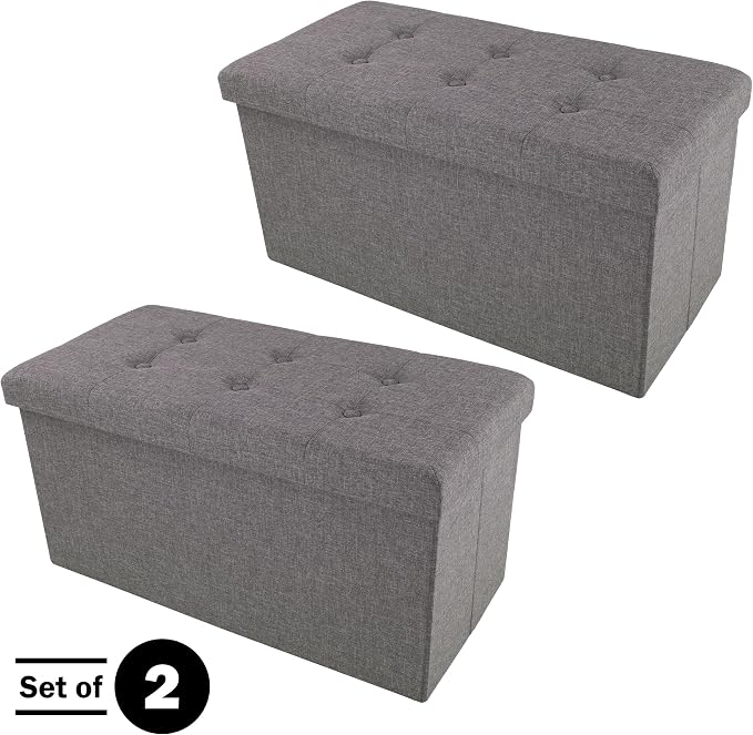 Lavish Home Folding Storage Ottoman - Set of 2 30-Inch Folding Tufted Footrest, Linen Chest, or Bench with Removable Bin for Living Room, Bedroom, or Dorm (Dark Gray)