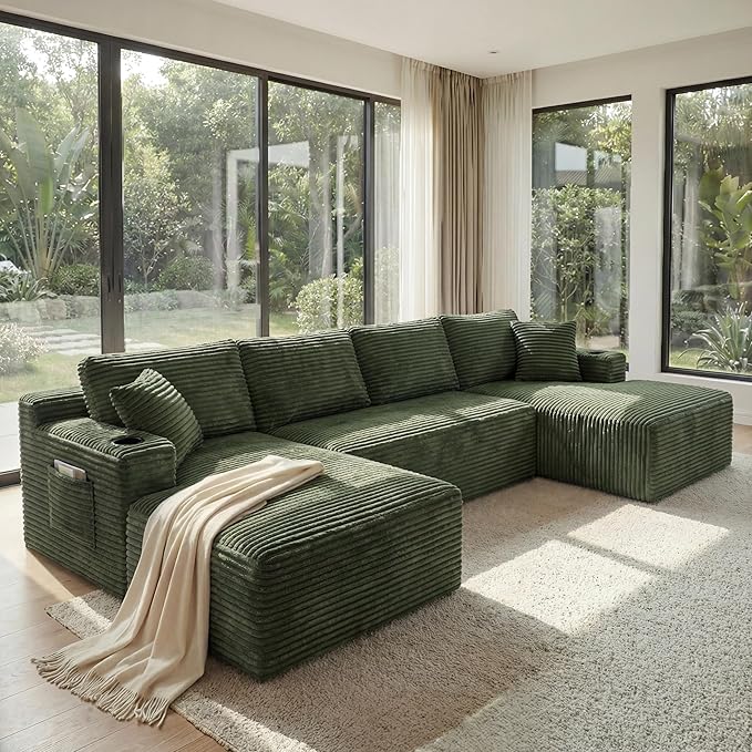 133" Oversized Cloud Boneless Sofa Couch with Chaise, Modern Corduroy U Shaped Modular Sectional Sofa with Deep Seat, Comfy Couch with Cupholders and Storage, No Assembly Required-Green